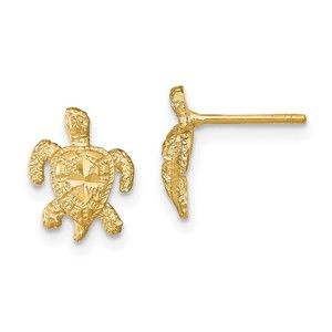 14k Yellow Gold Polished Diamond-cut Sea Turtle Post Earrings